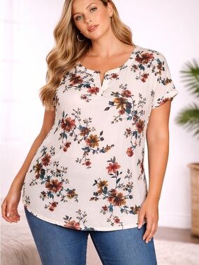 Floral Print V-Neck Blouse by CURE - 3XL